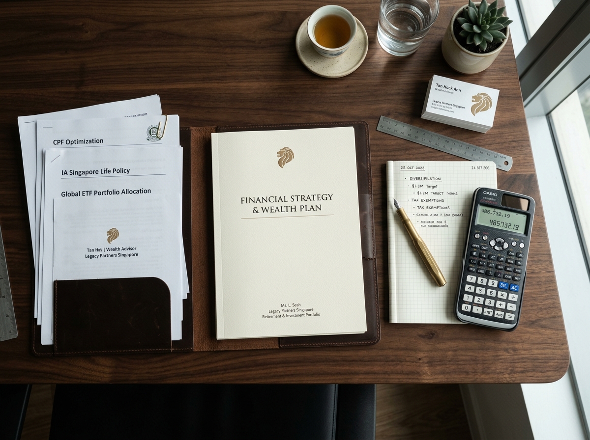 Financial planning desk setup with documents and brass pen